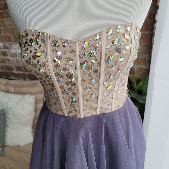 Night by Teeze Me Purple Tulle and Cream Sequin Formal Dress - Picture 2 of 9